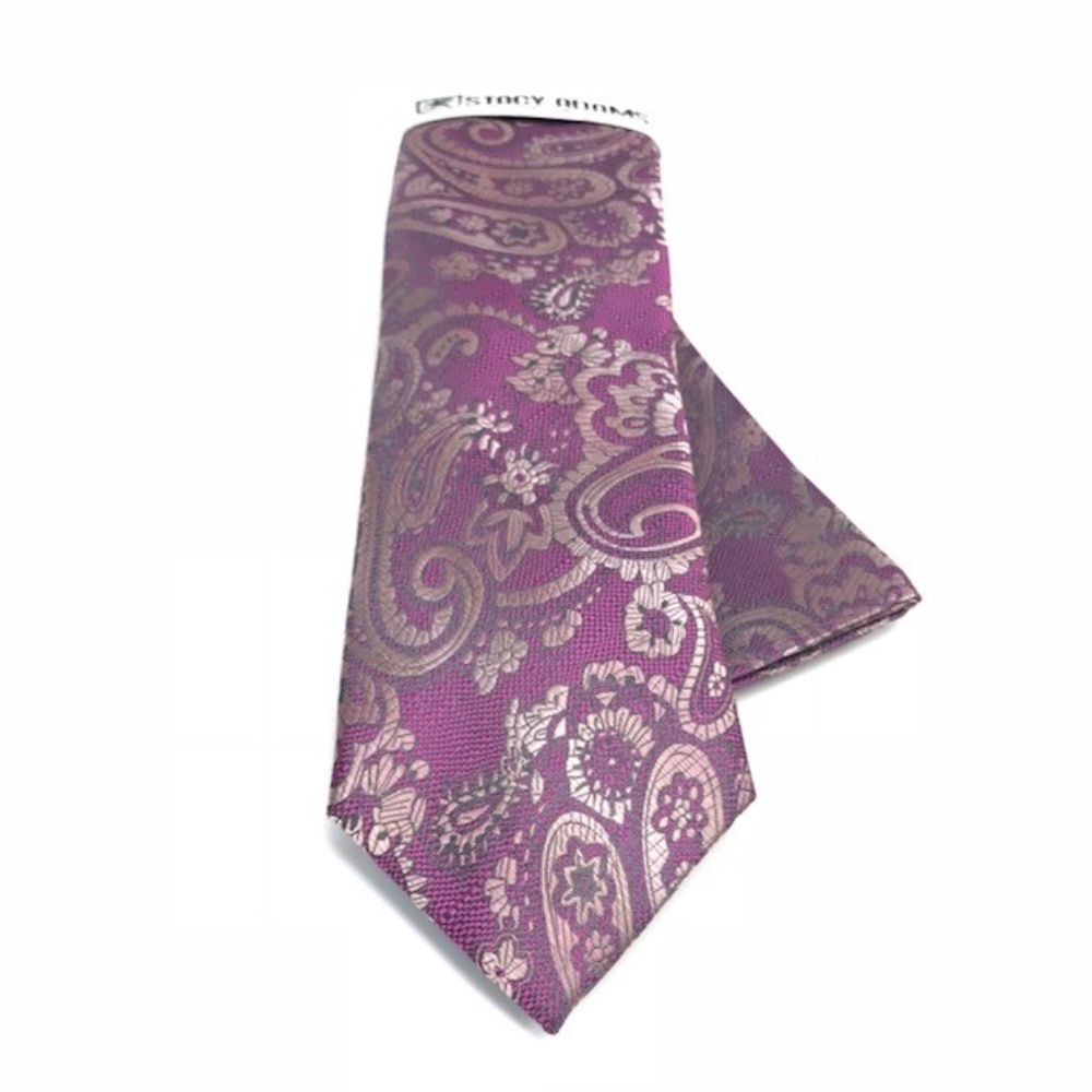 Stacy Adams Men's Tie & Hanky Set N Rose Pink Bone Charcoal Gray Paisley 3.5"